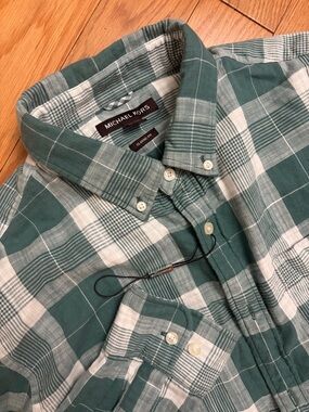 Michael Kors Classic Fit Atlas Green and White Plaid Button-Down Shirt LS $98